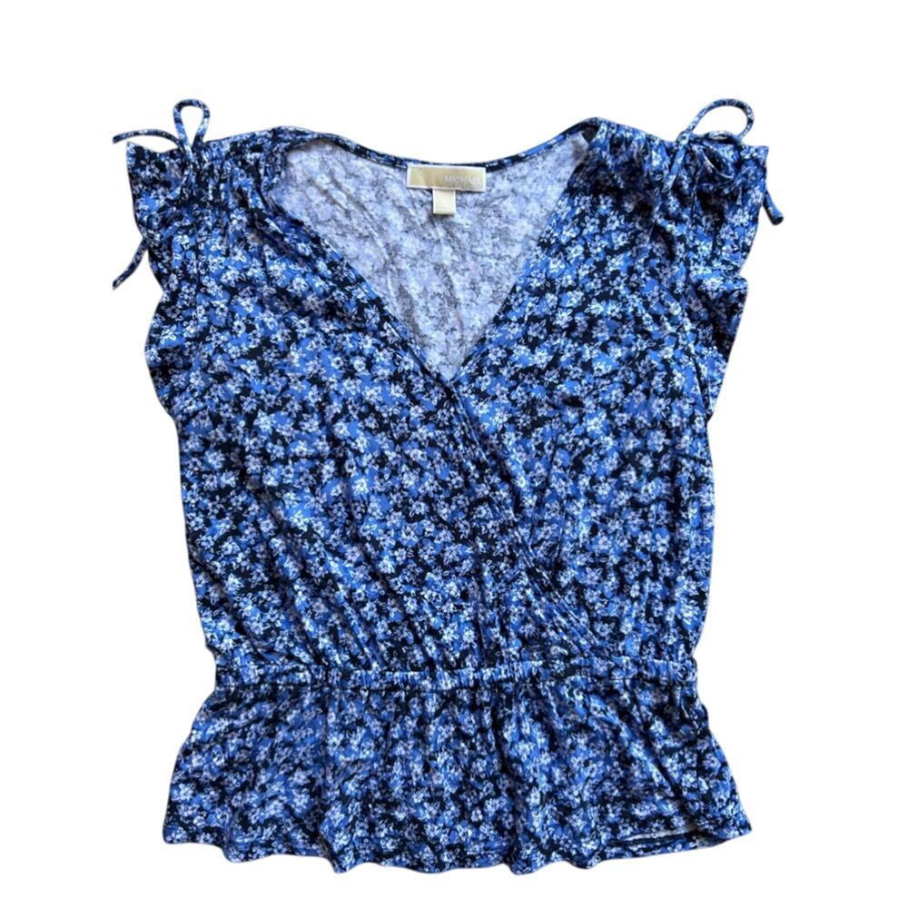 MICHAEL Michael Kors Blue Floral V-Neck Peplum Blouse